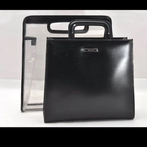 GUCCI Vintage 2:1 Leather Black Bag w/ Clear Vinyl Tote (telescoping handles).